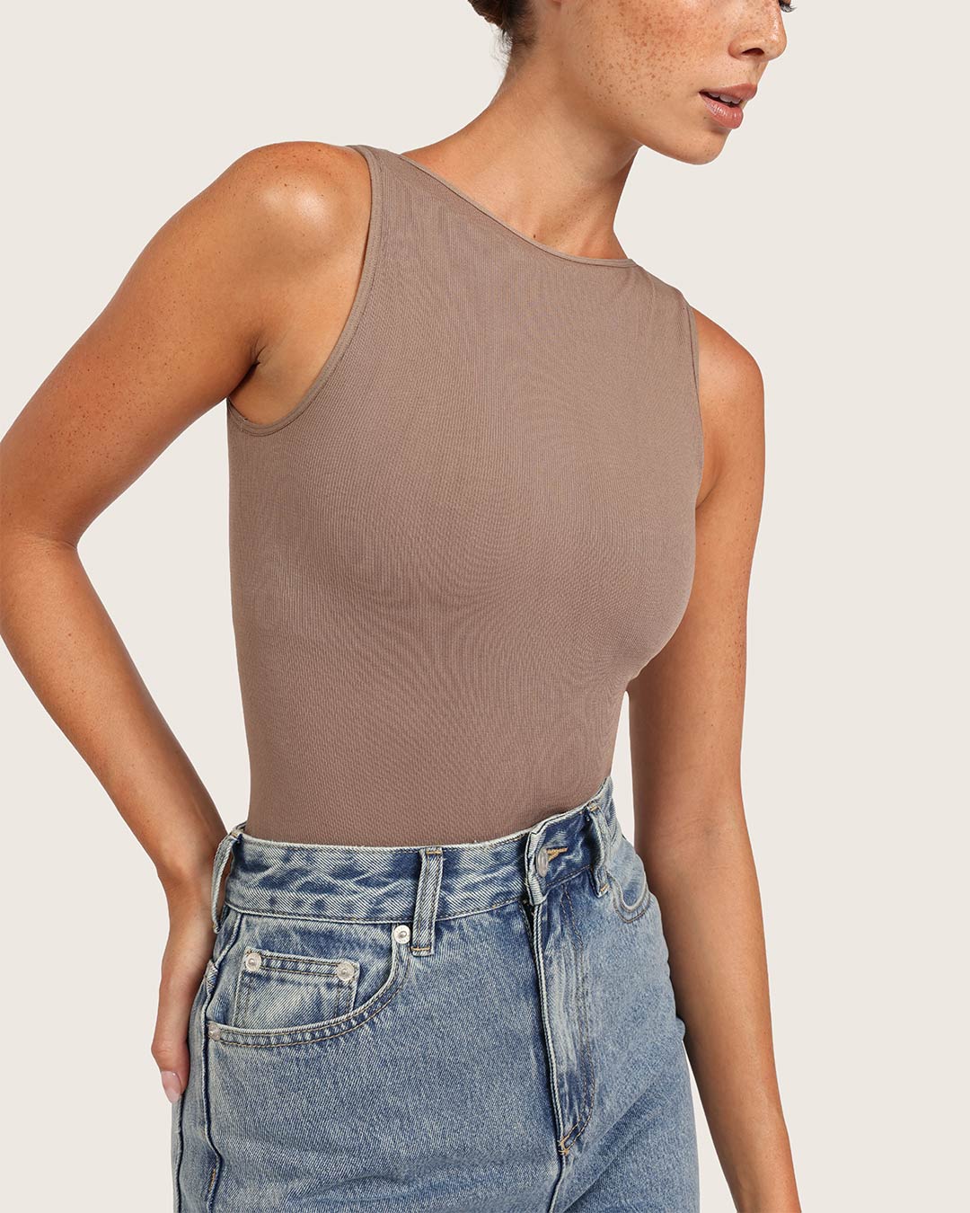 Ribbed Boat Neck Bodysuit - Taupe