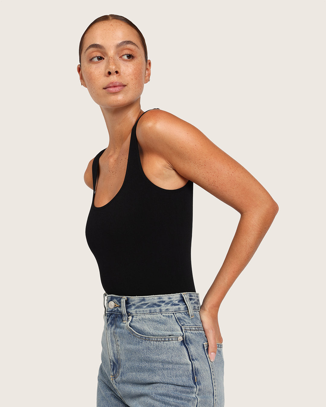 Ribbed Square Neck Bodysuit - Black