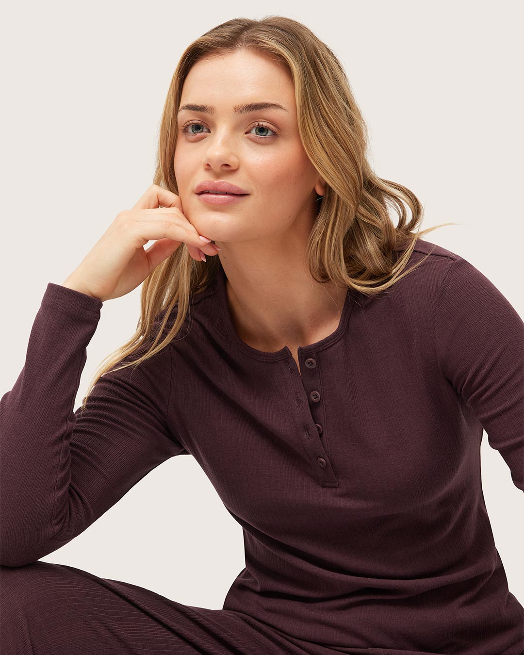 Long Sleeve Henley Top - Mulberry