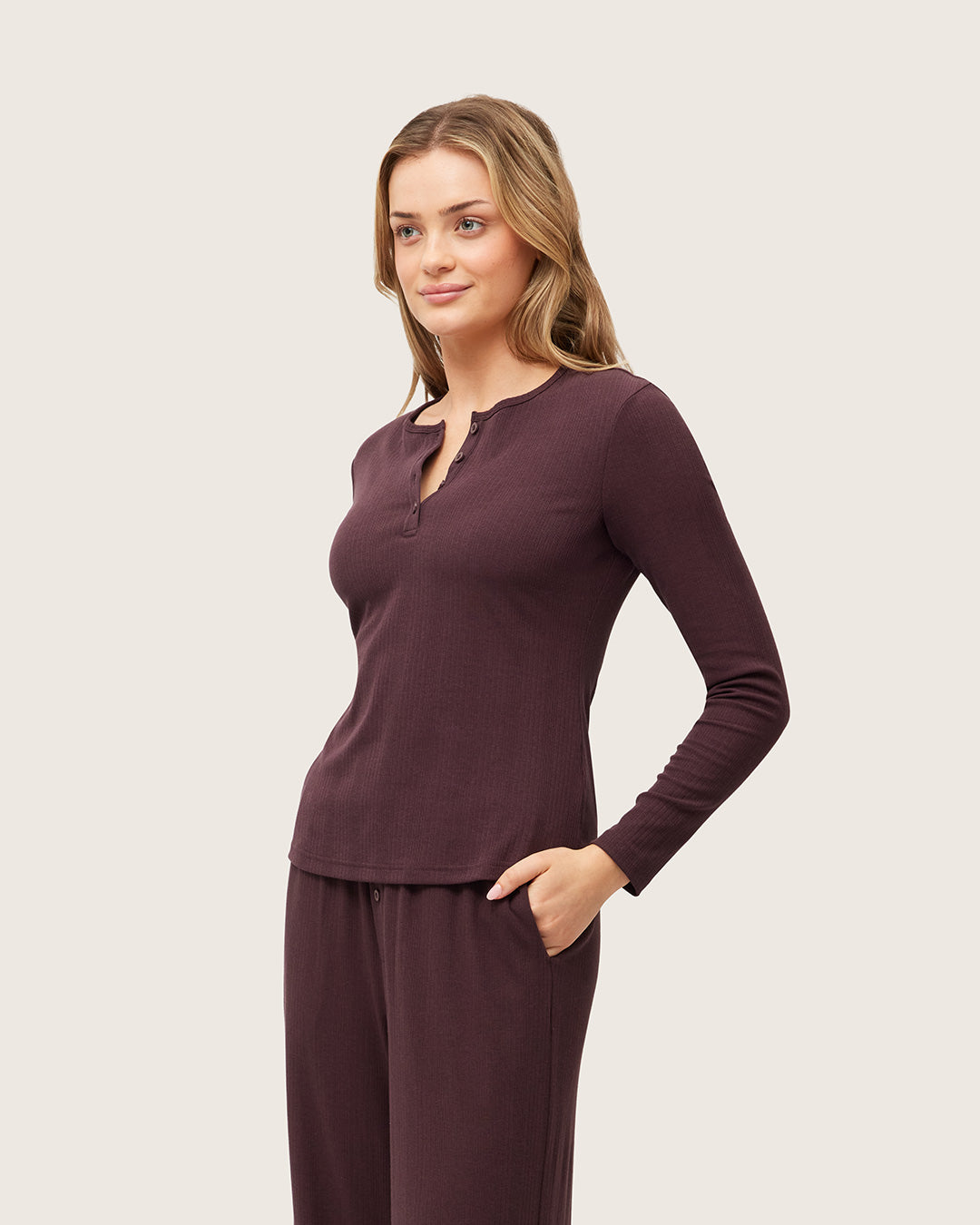 Long Sleeve Henley Top - Mulberry